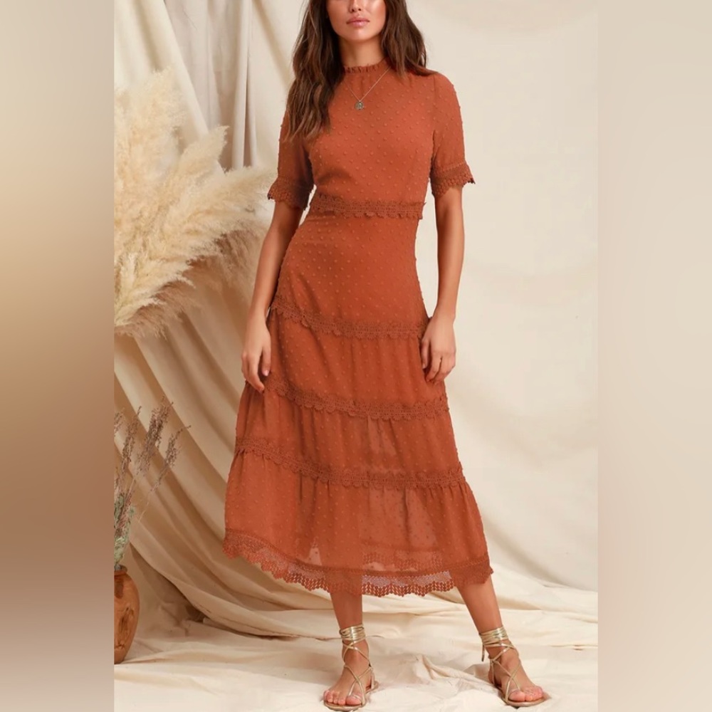 Lulus Dreaming of You Rust Orange Swiss Dot Midi Dress | XS